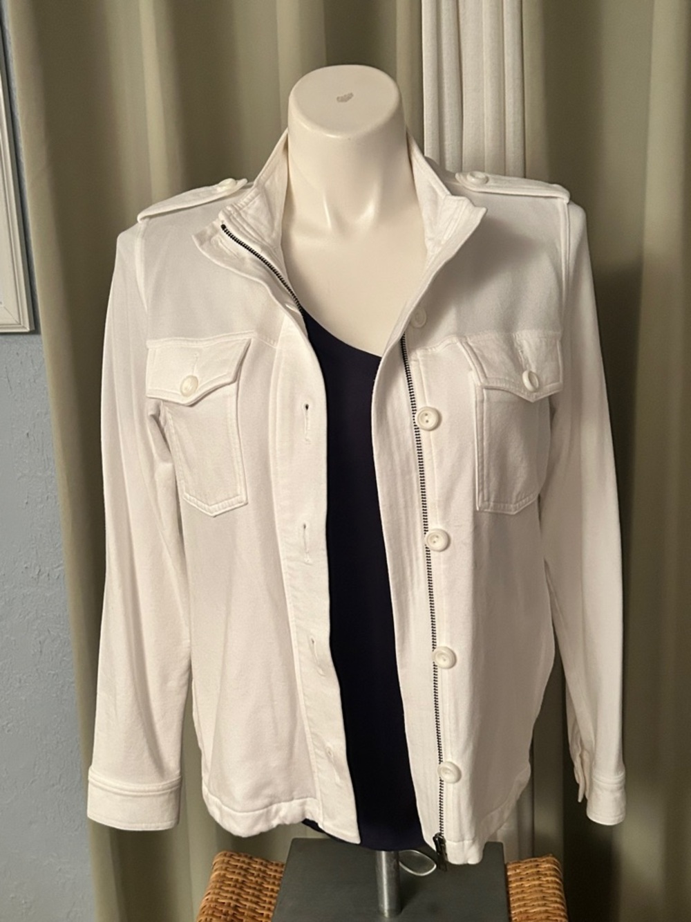 CabiWhite Military-Style Zip/Button Front Shirt Jacket Shirt